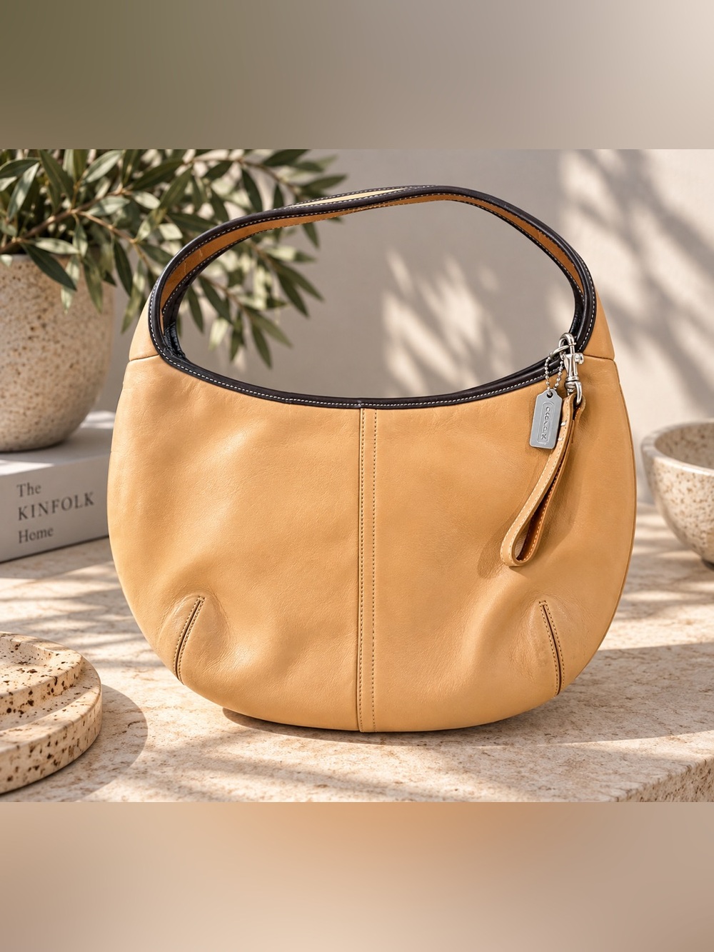 Coach Leather Shoulder Bag in Tan with Dark Trim